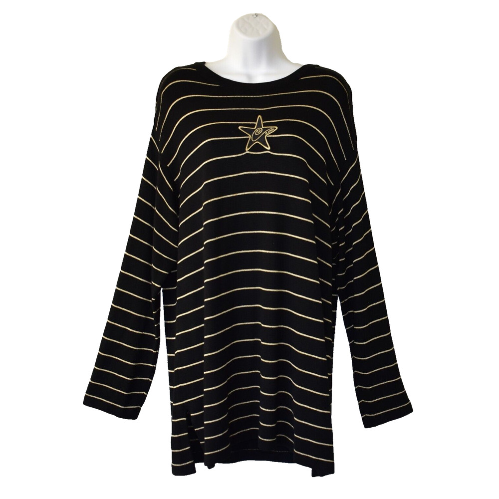 A8 Auth ST JOHN SPORT BY MARIE GRAY Black Gold Striped Embroidered Sweater Sz L